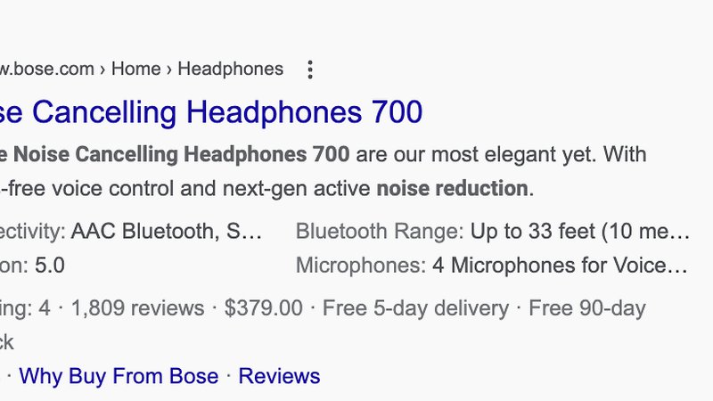 Example of how product schema is visible in Google search results with product pricing, reviews and features visible